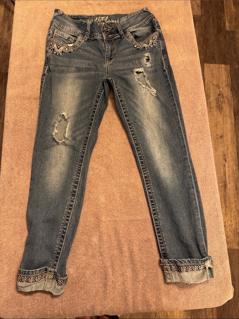 Wallflower Medium Blue Distressed Boyfriend Jeans with Embroidered Pockets